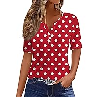 Womens Summer Tops Short Sleeve Henley Neck Blouses Button Down Tees Loose Tunics Floral Print Clothes