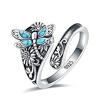 S925-Sterling-Silver Turquoise Dragonfly/Butterfly Spoon Ring - Vintage Boho Sunflower Thumb Rings Oxidized Wrap Ring Victorian Style Antique Floral Jewelry Gifts for Women Girls