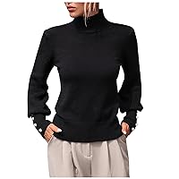 Womens 2023 Fall Turtleneck Sweaters Button Long Sleeve Slim Pullover Jumpers Tops Solid Color Knit Ribbed Blouses