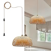 Plug in Pendant Light Rattan Hanging Lamp with Dimmable Switch, 13 Ft Cord Handwoven Bamboo Lampshade Boho Hanging Lights Fixtures with Plug in Cord for Kitchen Island Dining Room Bedroom