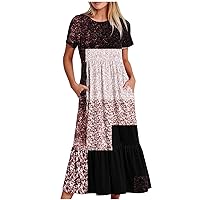 Women's Summer Casual Boho Flare Dress Colorblock Short Sleeve Ruffle Tiered High Waist Maxi Beach Flowy Dresses
