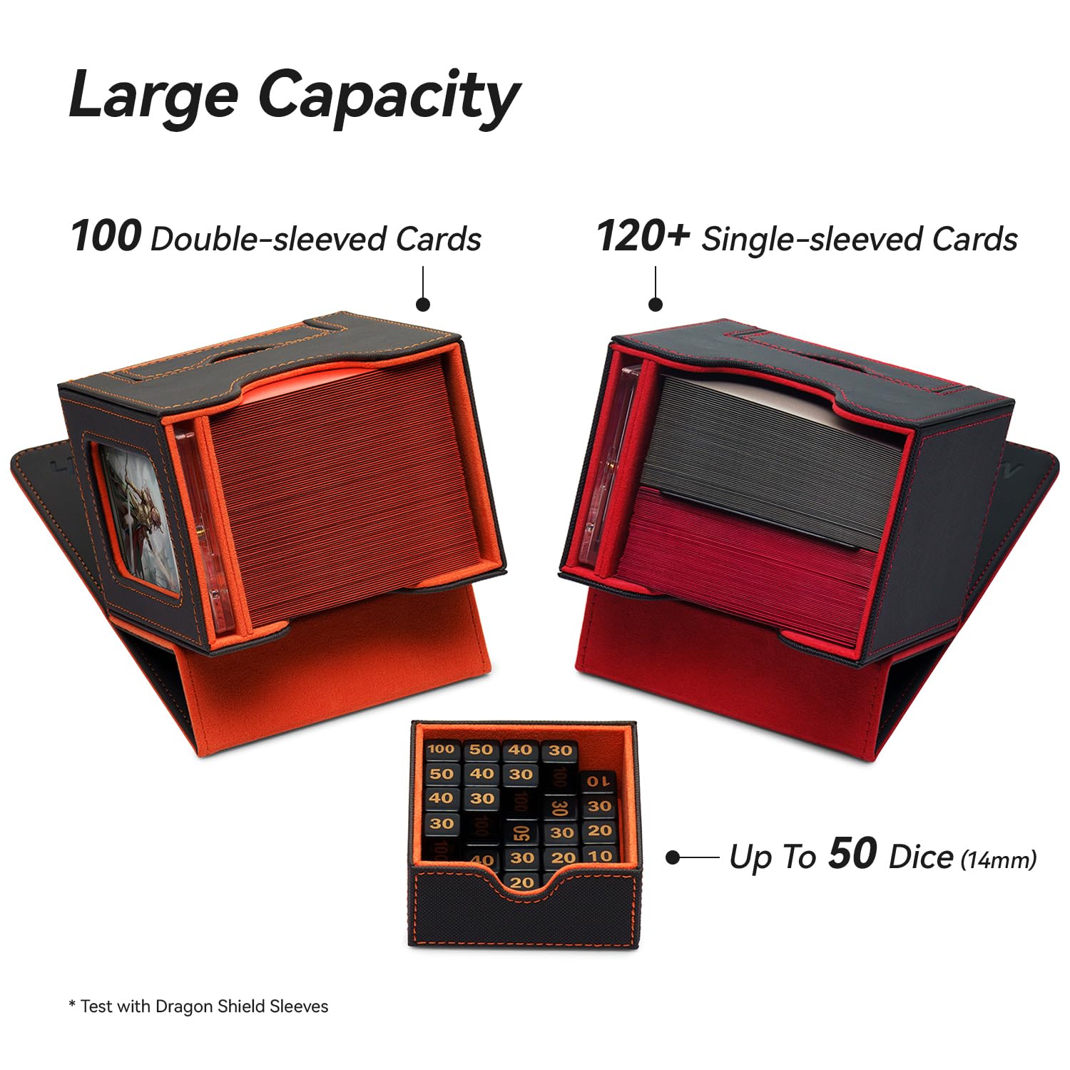 Mage Tech Card Deck Box for MTG Commander - Patented Design, Commander Display, As Deck Holder, Fits 100 Double-Sleeved Cards, Include 35pt Card Brick & Dice Tray - Horizontal Black/Red