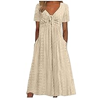 Women's Summer Maxi Dresses Short Sleeve V Neck Eyelet Embroidery Pleated Solid Color Beach Long Dress with Pockets