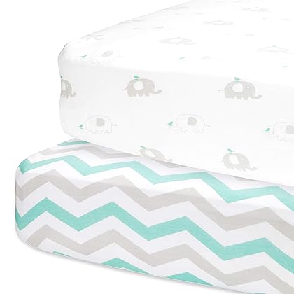 Cuddly Cubs Fitted Crib Sheets Set – 2 Pack – Jersey Cotton Crib Mattress Sheets for Baby Boy, Girl Crib – Grey, Mint Green Elephant, Chveron Toddler Bed Sheets – Fits on Standard 28 x 52 Mattress