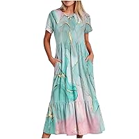 Women's Short Sleeve Sundress Summer Casual Floral Dress with Pockets, Loose Fitting Beach Maxi Long Dresses