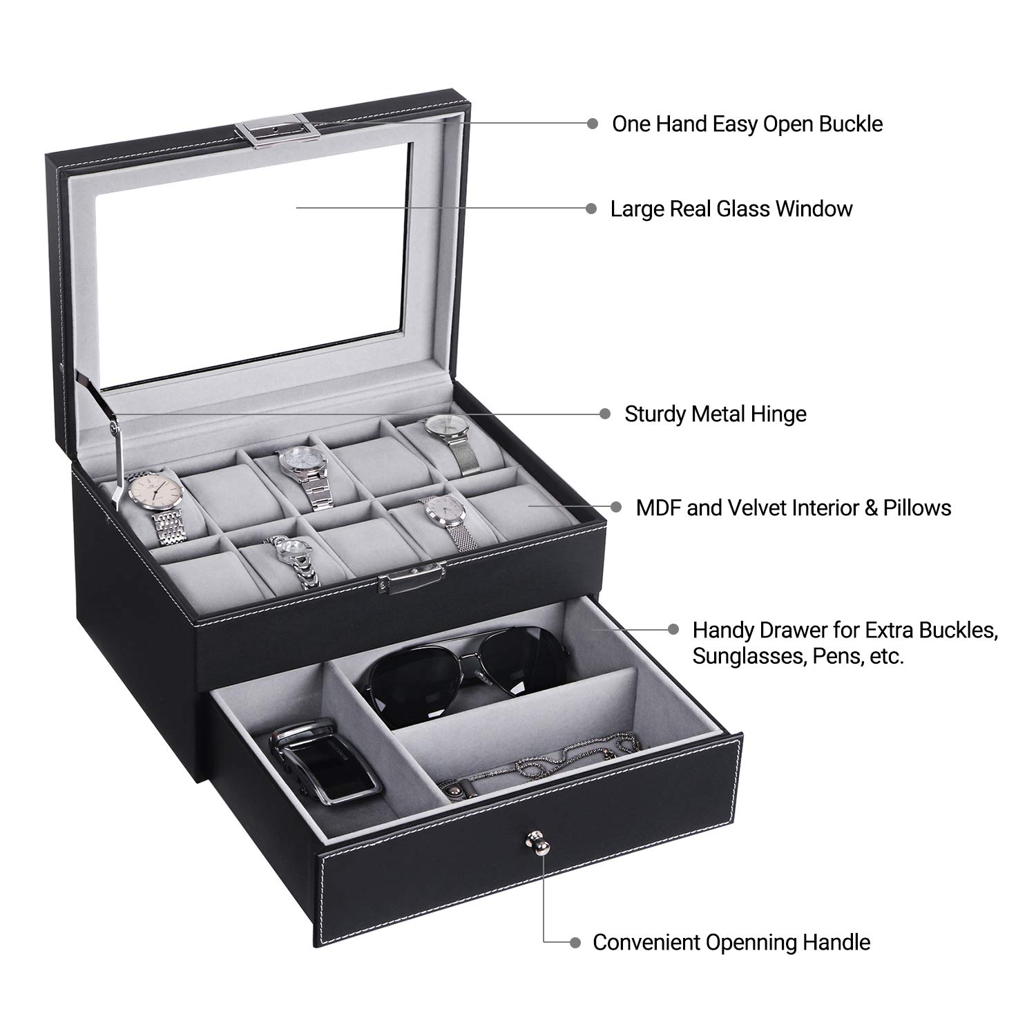 BEWISHOME Watch Box Organizer with Valet Drawer - Real Glass Top, Metal Hinge, Large Holder, Black PU Leather - 10 Slots Watch Storage Case Jewelry Box for Men SSH14B