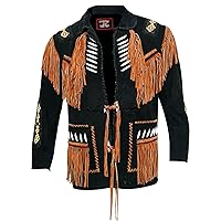 Men's Western Cowboy Leather Jacket Bone Fringed Suede Native American Leather Coat -Black