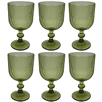 Green Drinking Glasses set of 6 Wine Goblets Vintage Colored Glassware 13 oz for Wedding Party Bar Vertical Line Embossed Pattern Stemmed Cups 400ml