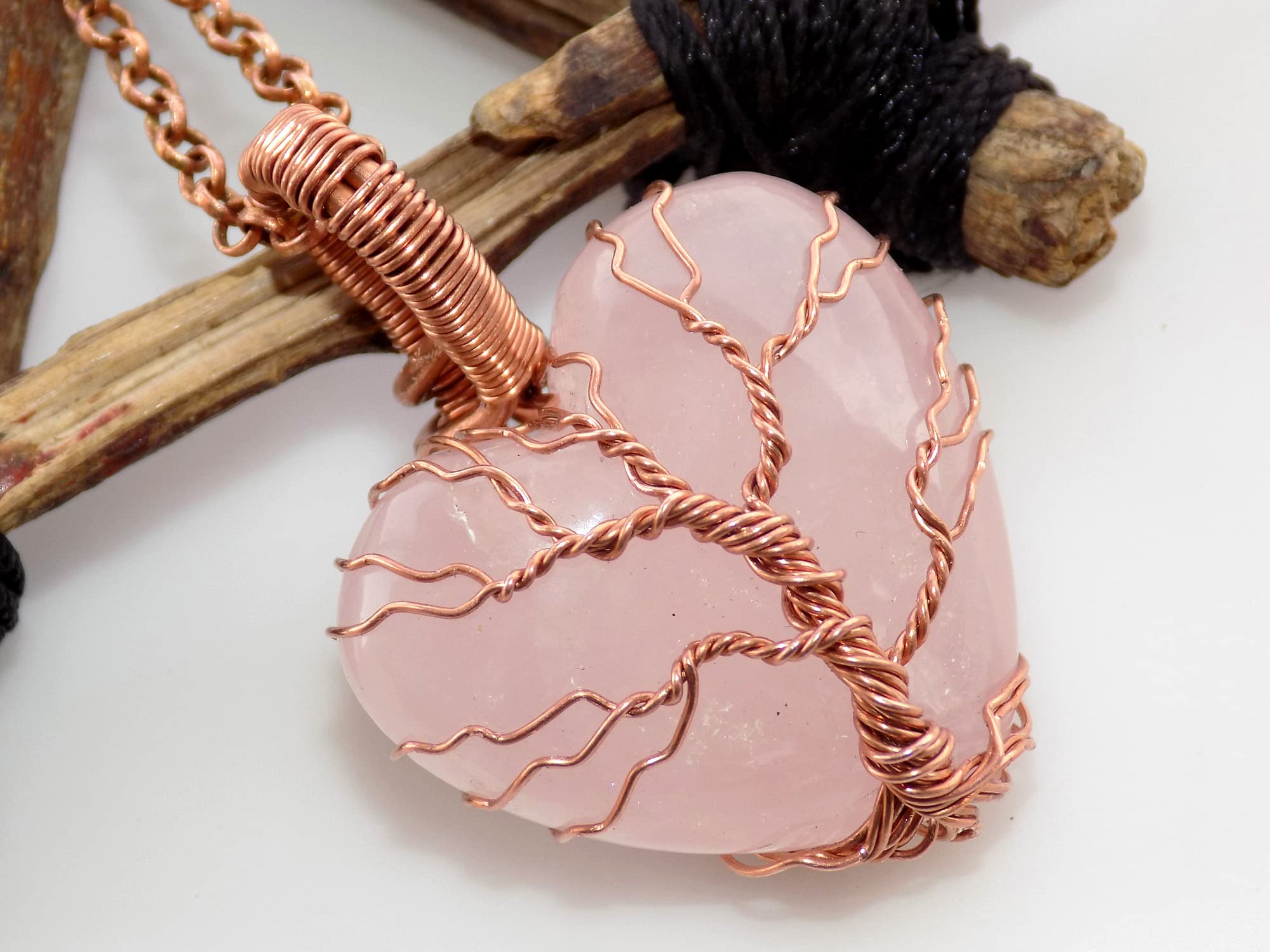 Heart Shape Rose Quartz Gemstone Necklace, Tree of Life Pendant, Copper Wire Jewelry, Lovely Gift, 41x30mm