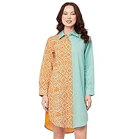 Women's Printed Button Down Shirt Dress, Cuffed Sleeves Collared Dress