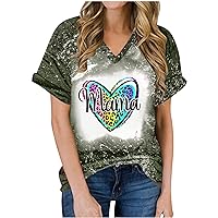 Womens Mama Letter Bleached Tops Leopard Heart Graphic Tees Shirts Summer Fashion Casual Short Sleeve V Neck Tshirts