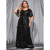 Plus Women's Dress Plus Sequin Butterfly Sleeve Belted Maxi Dress (Color : Black, Size : 3X-Large)