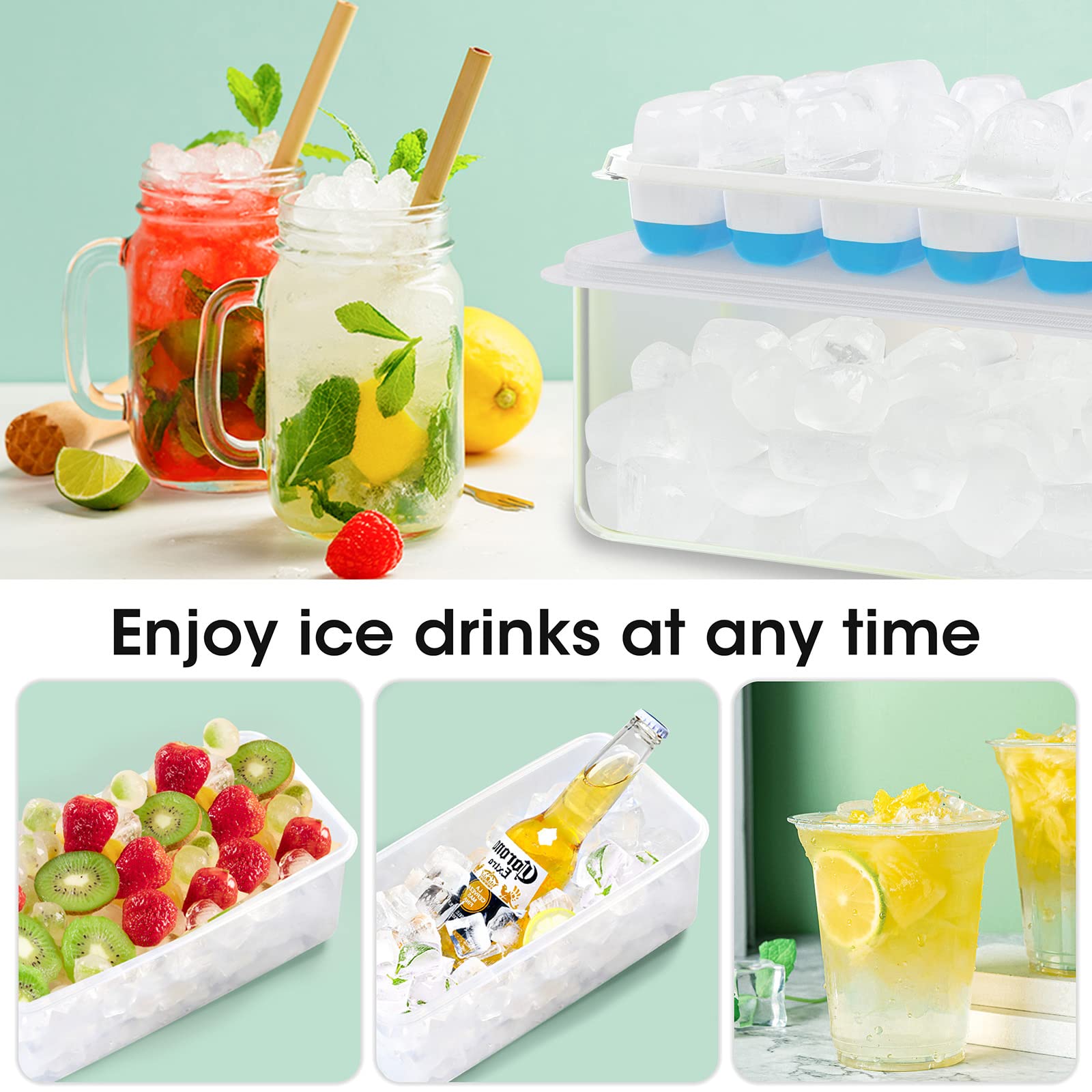 DOQAUS Ice Cube Tray with Lid and Bin, Upgraded Silicone Ice Cube Trays for Freezer with Container Ice Cube Maker Stackable Easy Release, 2 Pack Ice Trays & 1 Pack Ice Bucket Tong Scoop