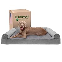 Furhaven Cooling Gel Dog Bed for Large Dogs w/ Removable Bolsters & Washable Cover, For Dogs Up to 125 lbs - Faux Fur & Velvet Sofa - Smoke Gray, Jumbo Plus/XXL