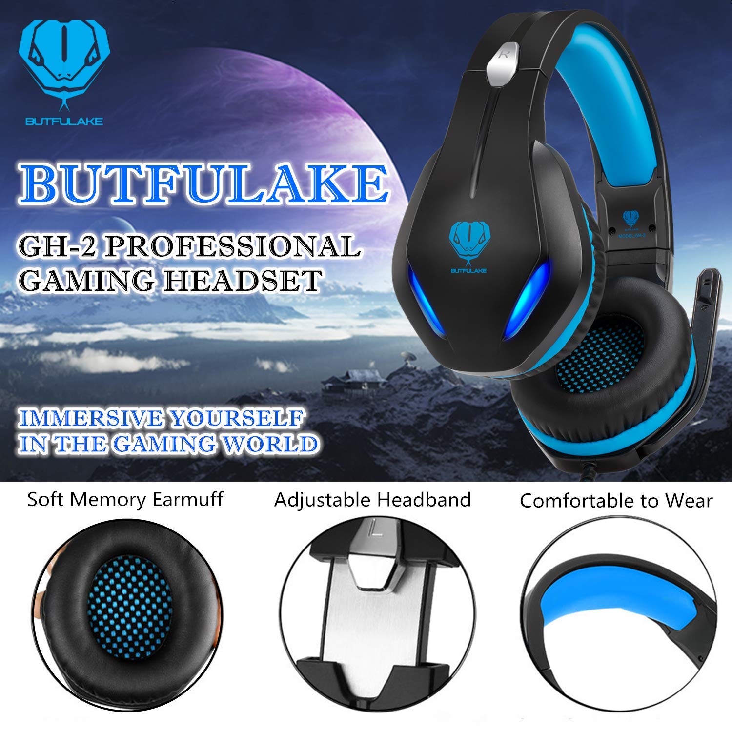 Headsets for Xbox One, PS4, PC, Nintendo Switch, Mac, Gaming Headset with Stereo Surround Sound, Over Ear Gaming Headphones with Noise Canceling Mic, LED Light (Headsets for Xbox/Blue)