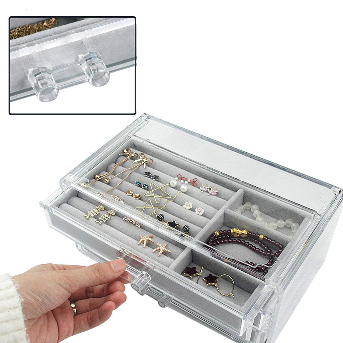 Acrylic Jewelry Box 3 Drawers, Velvet Jewellery Organizer, Earring Rings Necklaces Bracelets Display Case Gift for Women, Girls