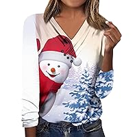 Women's Long Sleeve Tops Fall V Neck Blouses Loose Fit Button Christmas Day Prints Casual Tees Clothes, S-3XL