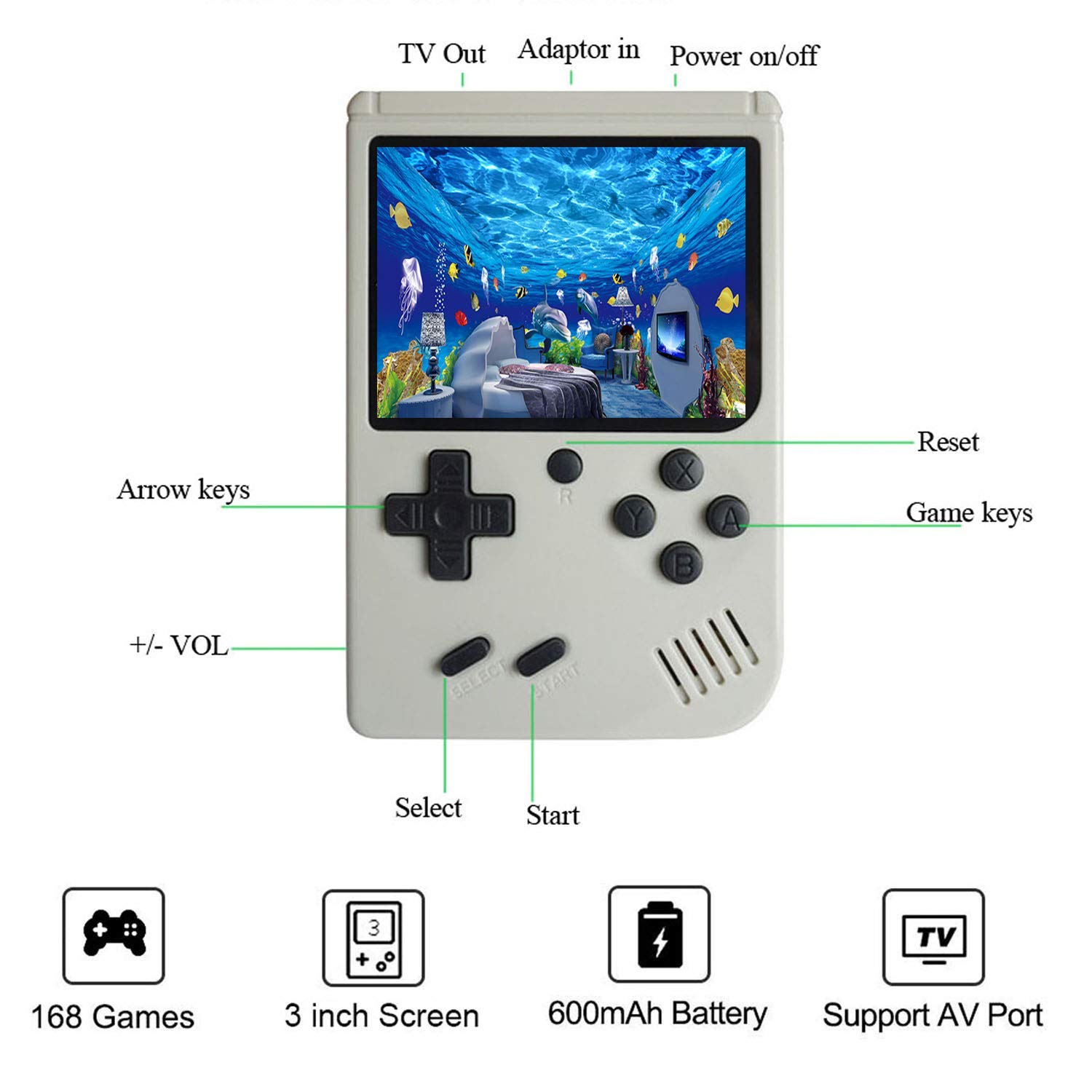 JAFATOY Retro Handheld Games Console for Kids/Adults, 168 Classic Games 8 Bit Games 3 inch Screen Video Games with AV Cable Play on TV (White)