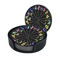 (Music Notes) Print Leather Coasters Set of 6 for Drinks with Holder Absorbent Round Cup Mat Pad for Living Room Dining Table Kitchen Home Decor Housewarming Gift