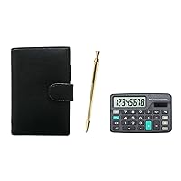 T23-D-LS002B-Z88KS Eco B7 Cowhide Leather Mini Personal Notebook Black Z88 Full Body Gold Hexagonal Knock Metal Mechanical Pencil Set with Mini Calculator