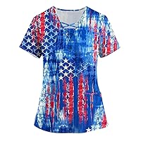 Women's 4Th of July Shirt Fashion Short Sleeve V-Neck Drawstring Print Pocket Top Tank, S-5XL