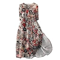 Womens Spring Summer Dresses 2024 Floral 3/4 Sleeve Button Down Shirt Dress Casual A-Line Dress Flowy Beach Vacation Dress