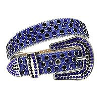 White Bead Belt for Women Men Rhinestones Belt Buckle Leather Strap with Diamond Western Femme Jeans Dark Blue for Waist(33-35inch)