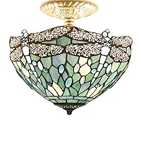 WERFACTORY Tiffany Ceiling Light Fixture Sea Blue Stained Glass Dragonfly Semi Flush Mount Lamp Wide 12 Inch, Height 11 Inch S147 Series