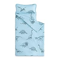 Wake In Cloud - Nap Mat with Removable Pillow for Kids Toddler Boys Girls Daycare Preschool Kindergarten Sleeping Bag, Dinosaur Sketch Printed on Light Blue,100% Soft Microfiber