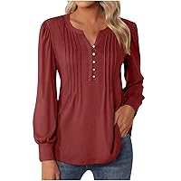Women's Henley V Neck Button Up Tunic - Ladies Loose Fit Tops Flowy Long Sleeve Blouse Solid Color Pullover Work Tops