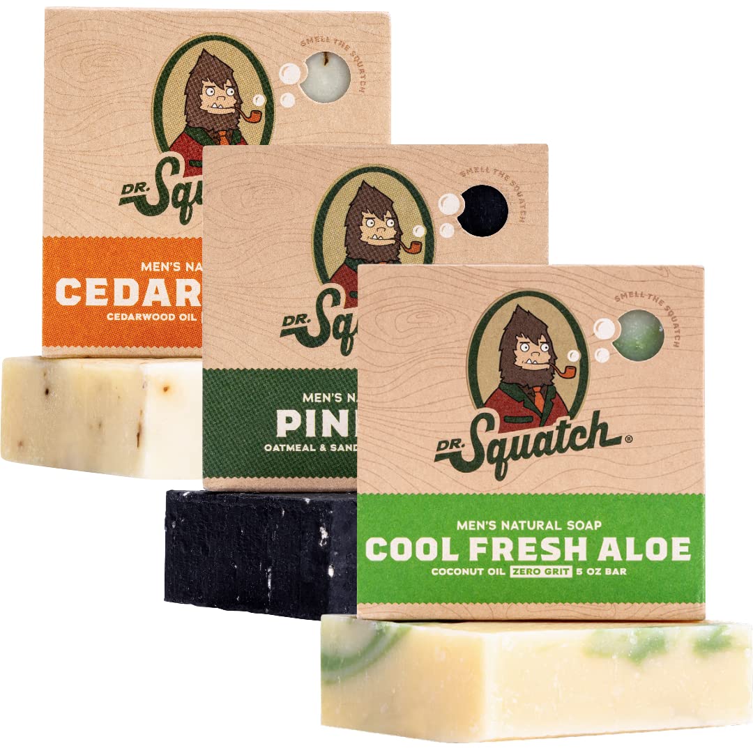 Dr. Squatch All Natural Bar Soap for Men, 3 Bar Variety Pack, Pine Tar, Cedar Citrus and Cool Fresh Aloe