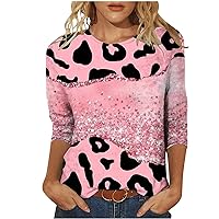 Womens Cow Print Color Block 3/4 Sleeve Casual Tops Summer Trendy Loose Fitted Funny Crewneck Going Out T-Shirts