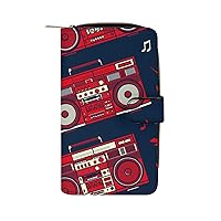 Classic Vintage Retro Style Boombox Radio Womens Wallet Leather Card Holder Purse RFID Blocking Bifold Clutch Handbag with Zipper Pocket