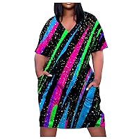 Plus Size Dresses Summer Dresses for Women V Neck Short Sleeve Knee Pocket Soild Color Casual Dress