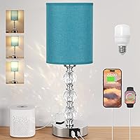 Green Touch Bedside Lamps for Bedrooms - Crystal Table Lamp with USB C+A Charging Port and AC Outlet Nightstand, 3 Way Dimmable Silver Small End Side Table Lamp for Living/Guest/Dinning Room/Kitchen