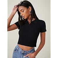 Women's Knitted Tops -Shrugs -Neck Collared Knit Top Knitted Tops (Color : Black, Size : Small)