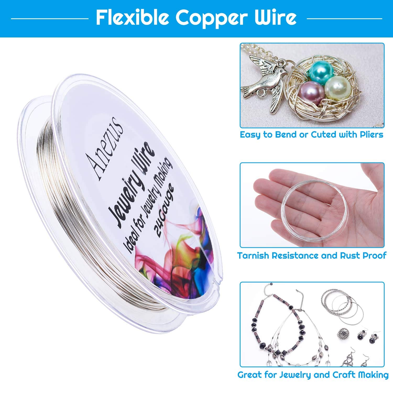 24 Gauge Wire for Jewelry Making, Anezus 115 Feet Jewelry Craft Wire  Tarnish Resistant Copper Beading Wire for Wrapping, Jewelry Making Supplies  and Crafting (Silver) : Buy Online at Best Price in