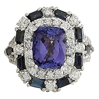 6.9 Carat Natural Blue Tanzanite, Blue Sapphire and Diamond (F-G Color, VS1-VS2 Clarity) 14K White Gold Luxury Cocktail Ring for Women Exclusively Handcrafted in USA