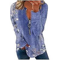 Plus Size Fall Tops for Women,Women's Sweatshirts Long Sleeve V-Neck Zipper Printed Tops Oversized Casual Loose Pullover Tops