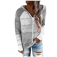 Womens Zip Up Knit Hoodie Long Sleeve Sweater Jacket Drawstring Color Block hooded Sweatshirt Lightweight Outwear