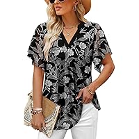 onlypuff Womens Blouse Half Sleeve Floral Double Layered Sheer Flowy Tunic Tops Round/V Neck Casual Shirts