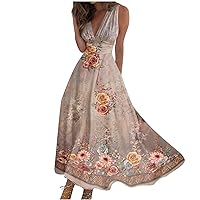 Dresses for Women 2024 Sundress Summer Vacation Long Maxi Summer Sleeveless V Neck Boho Waist Flower Printed Dress