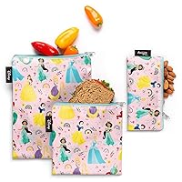 Disney Reusable Snack Bags for Kids | Food Safe, BPA Free, Phthalate Free, Polyester Zip Pouches | Washable & Refillable Sandwich Bag | Ellie Collection | 3 pack | Princess Rainbow
