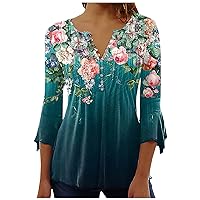Women's Workout Shirts Top Floral Print V-Neck Short Sleeve Button T Shirt Turtleneck, S-3XL