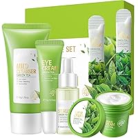 Green Tea skincare set for women - The set includes: facial cleanser, essence liquid, eye cream, essence cream, 10 pcs facial mask, 5 pcs mask mud - skin care routine kit for women