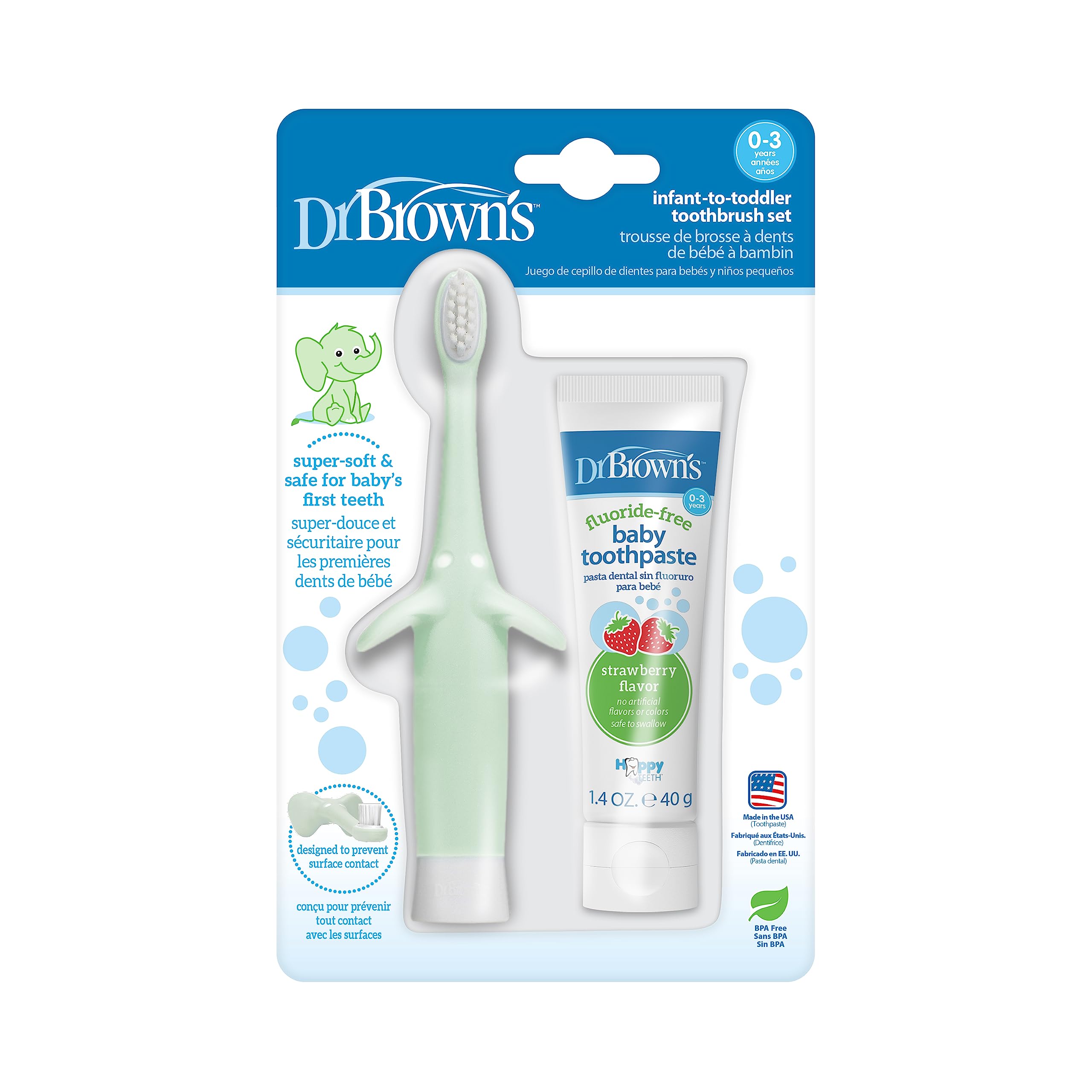 Dr. Brown's Infant-to-Toddler Training Toothbrush Set, Mint Elephant with Fluoride-Free Strawberry Baby Toothpaste, 0-3 Years