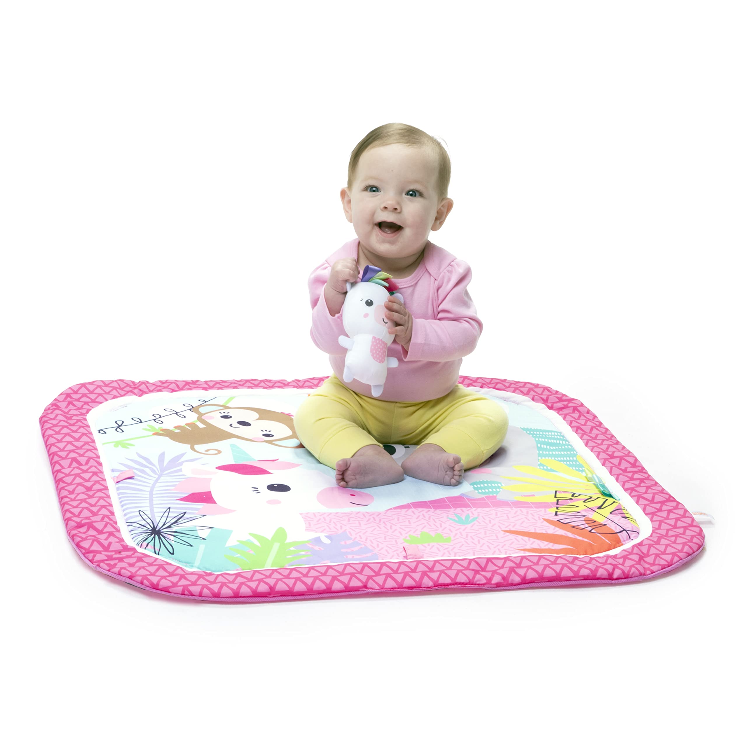 Bright Starts Unicorn Crew Baby Activity Gym & Play Mat with Taggies, Newborn and up - Pink, 30x30x18 Inch
