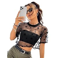 Womens Summer Tops Sexy Casual T Shirts for Women Star Print Sheer Mesh Crop Top Without Tube Top