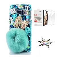 STENES Sparkle Case Compatible with Samsung Galaxy A13 5G Case - Stylish - 3D Handmade Bling Polka Dots Bowknot Rabbit Villus Flowers Cover Case with Screen Protector [2 Pack] - Blue