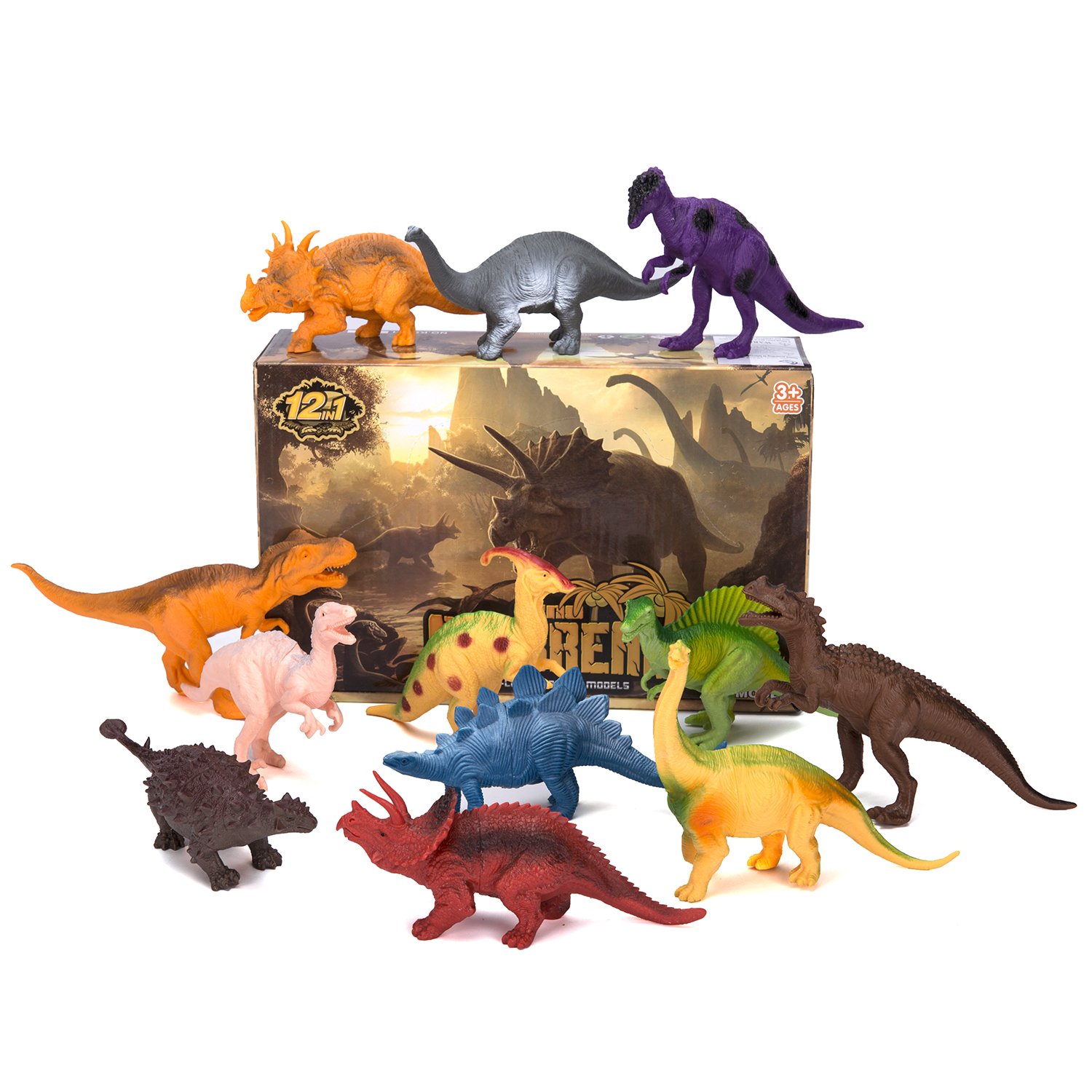 Kids Dinosaur Figures Toys, 7 Inch Jumbo Plastic Dinosaur Playset, STEM Educational Realistic Dinosaur Figurine for Boys Girls Toddlers Including T-Rex, Stegosaurus, Triceratops, Monoclonius, 12 Pack